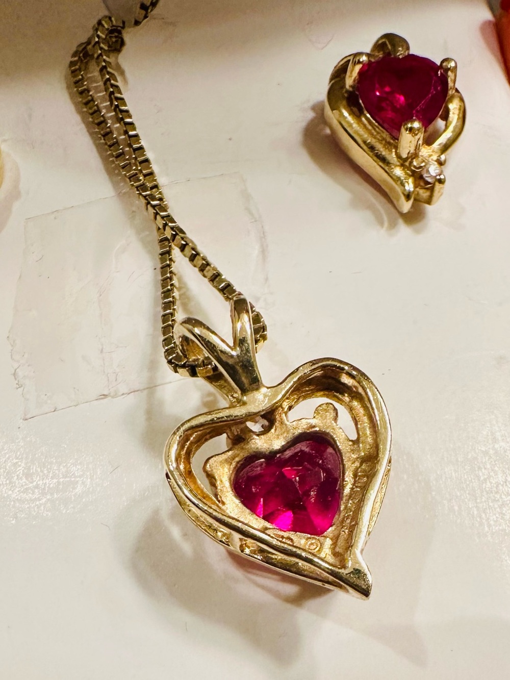 10K Gold Heart Ruby Diamond earrings necklace 10K gold diamond ruby pendant set - Picture 6 of 8